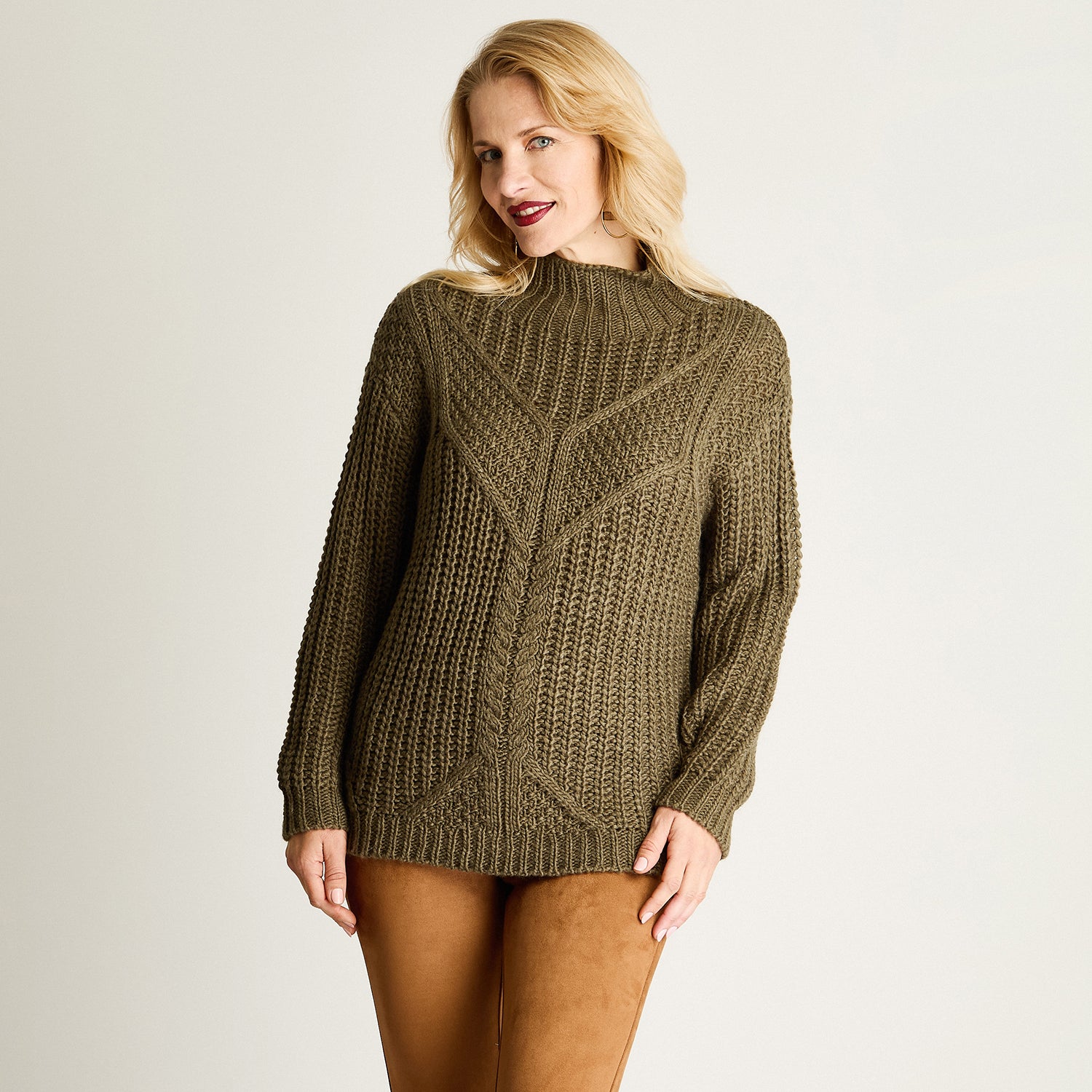 Sweater Con Diseño Trenzas, Cuello Tortuga Verde