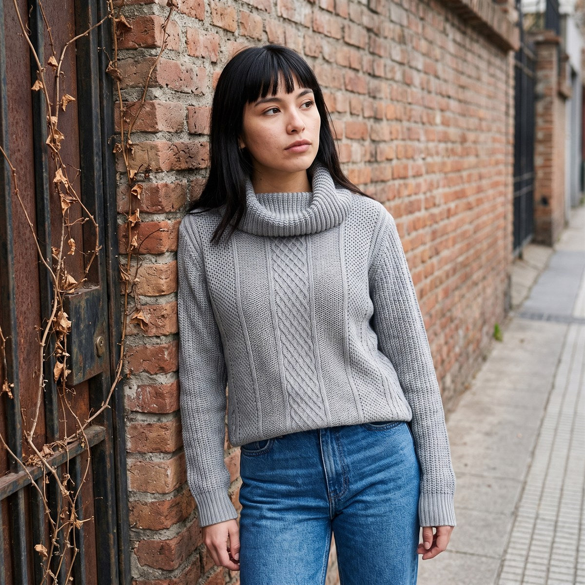 Sweater Gris Cuello Bote Con Trenzado lifestyle