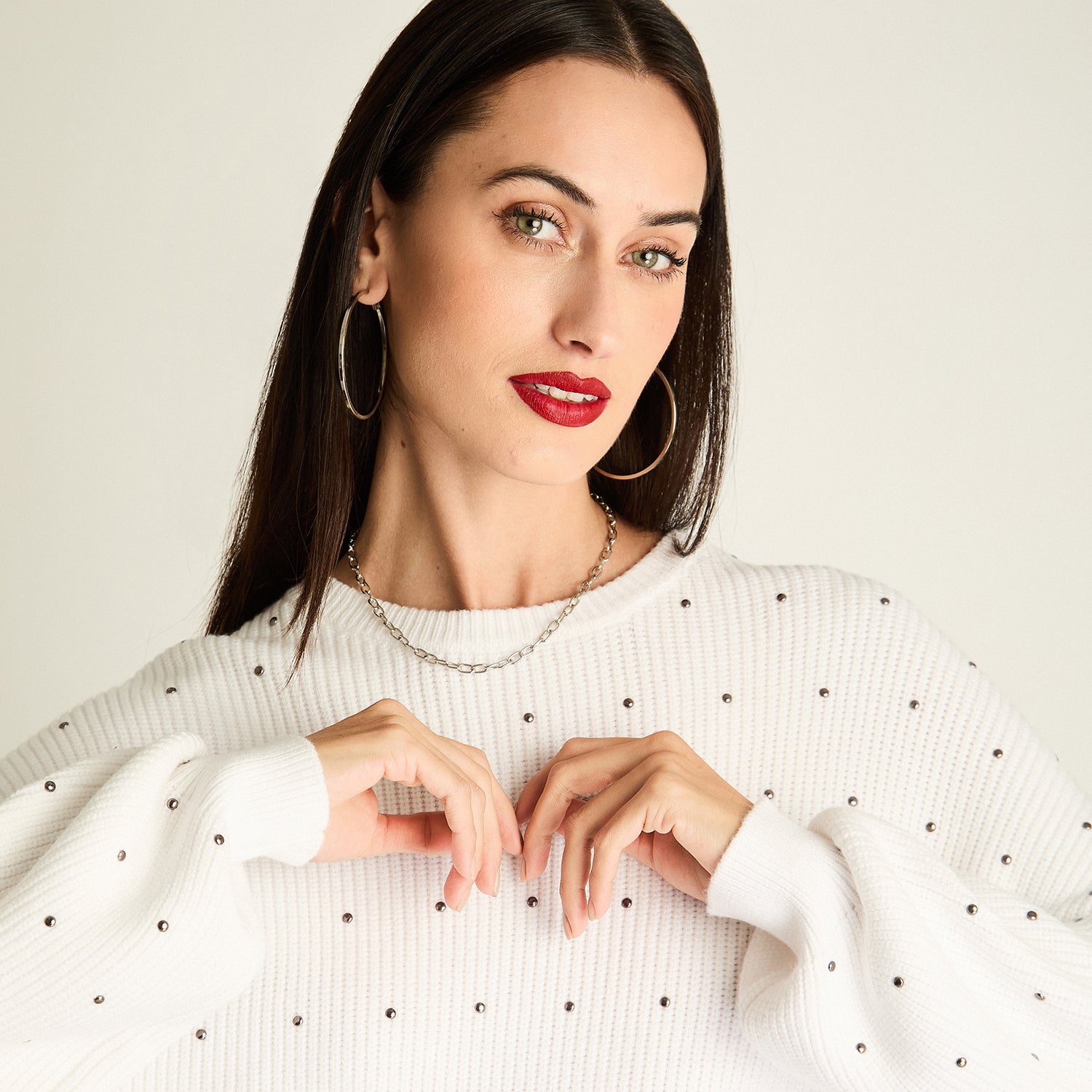 Tejido Cuello Mock Con Strass Blanco