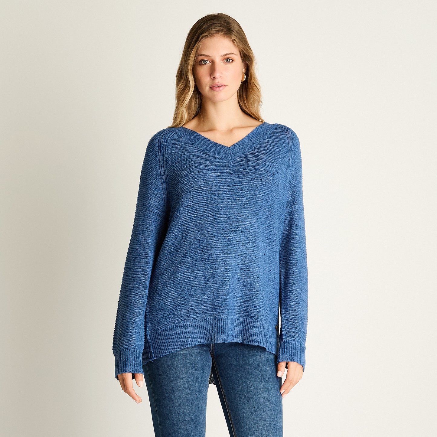 Sweater Indigo Manga Larga Baja elasticidad Sin Forro Calce Normal