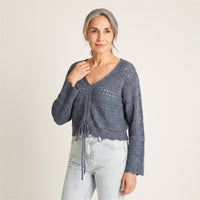 Sweater Azul Tejido Calado en modelo adulta