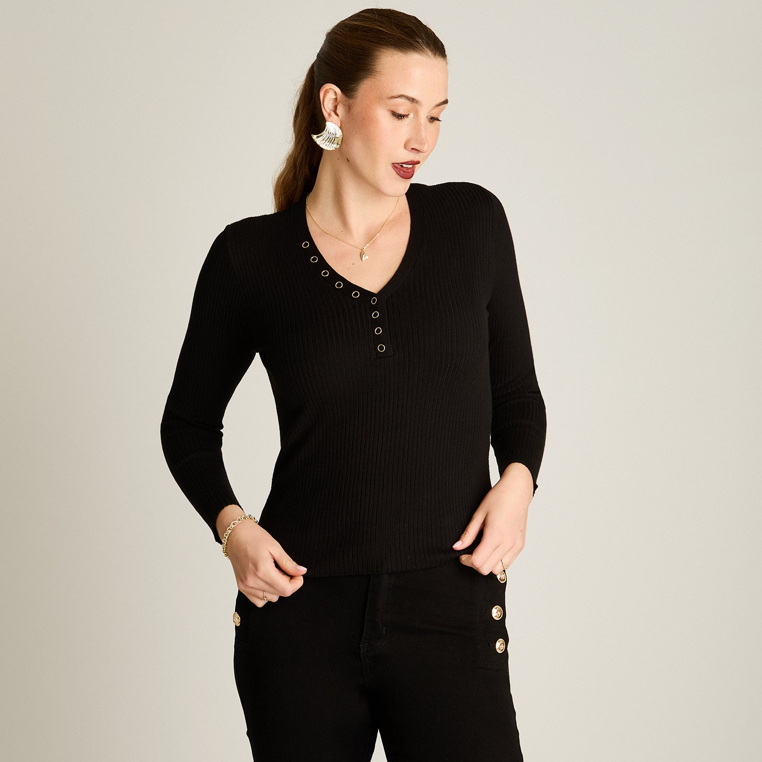 Sweater Negro Manga Larga Elasticidad Media Sin Forro Calce Normal Tela Tejido