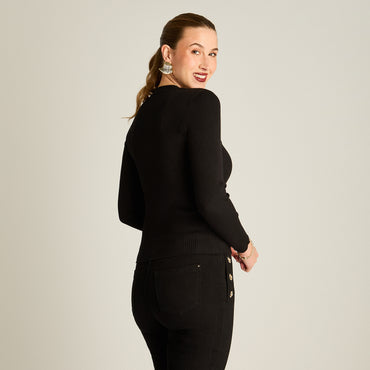 Sweater Negro Manga Larga Elasticidad Media Sin Forro Calce Normal Tela Tejido