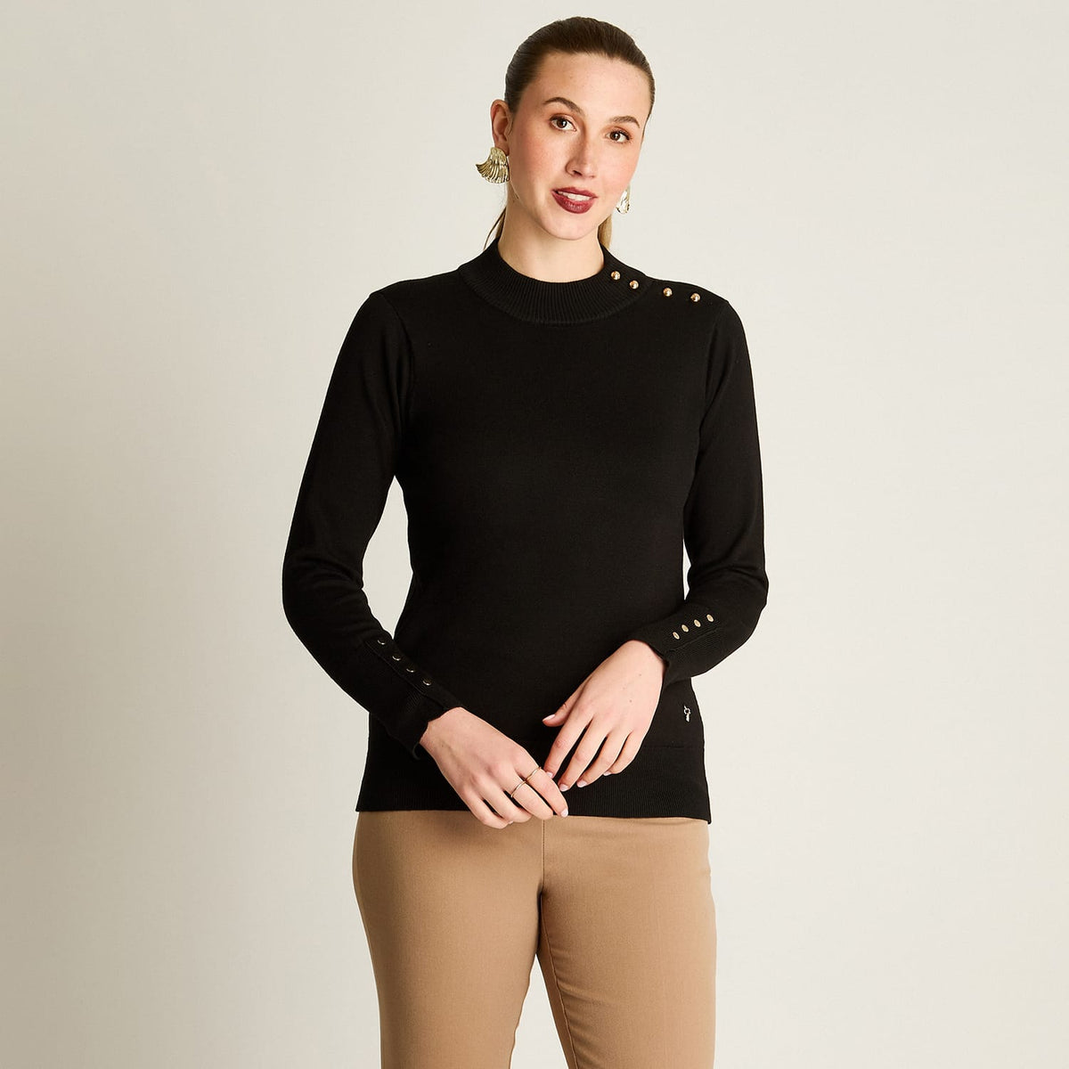 Sweater Negro Manga Larga Elasticidad Media Sin Forro Calce Normal Tela Tejido