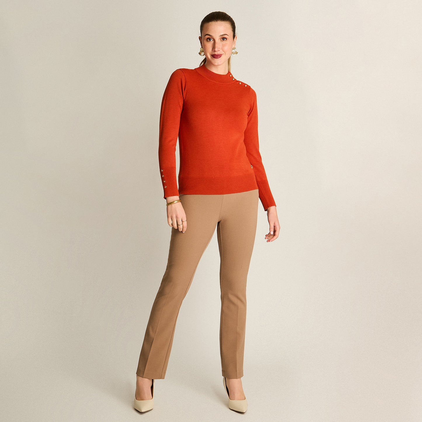 Sweater Terracota Manga Larga Elasticidad Media Sin Forro Calce Normal Tela Tejido