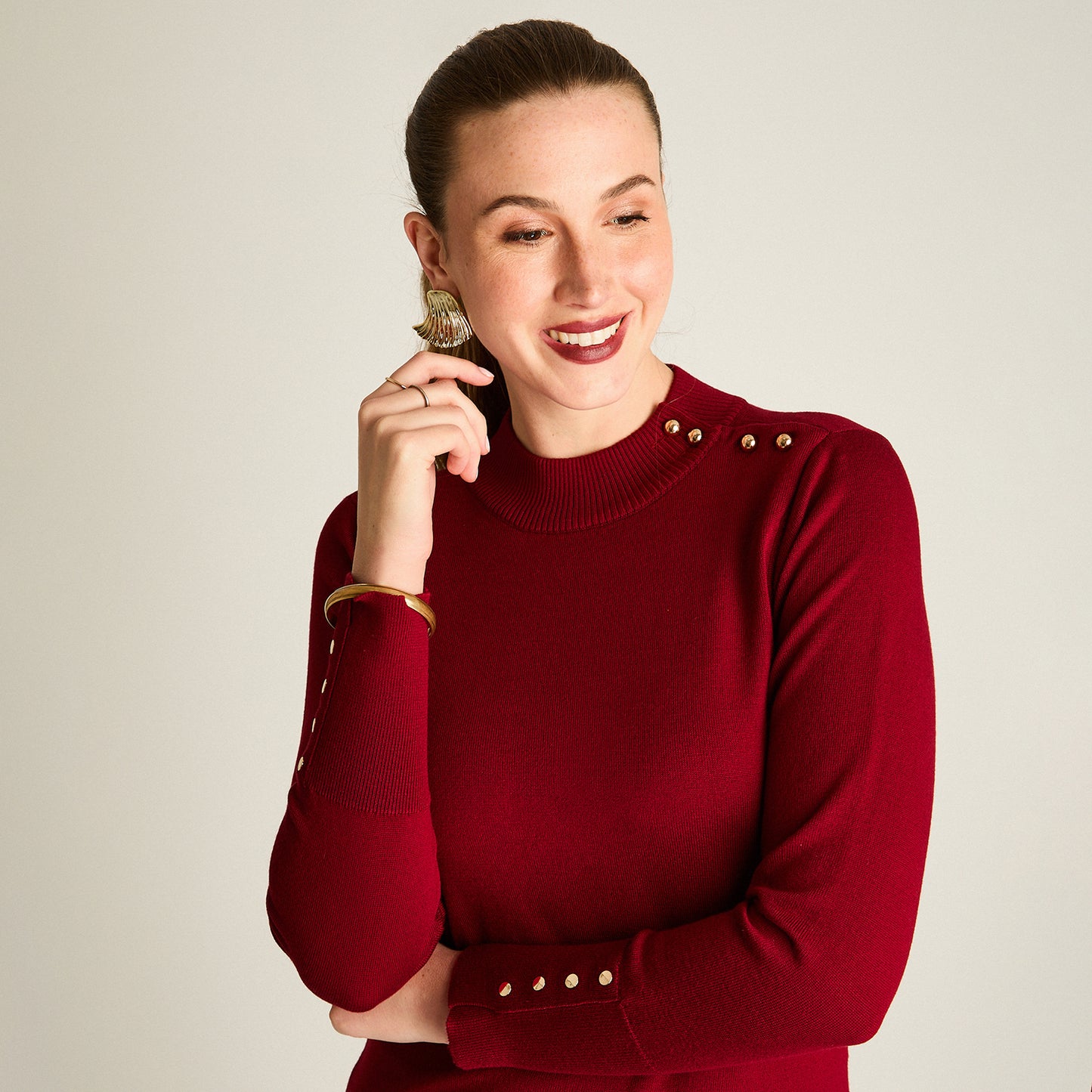 Sweater Rojo Manga Larga Elasticidad Media Sin Forro Calce Normal Tela Tejido