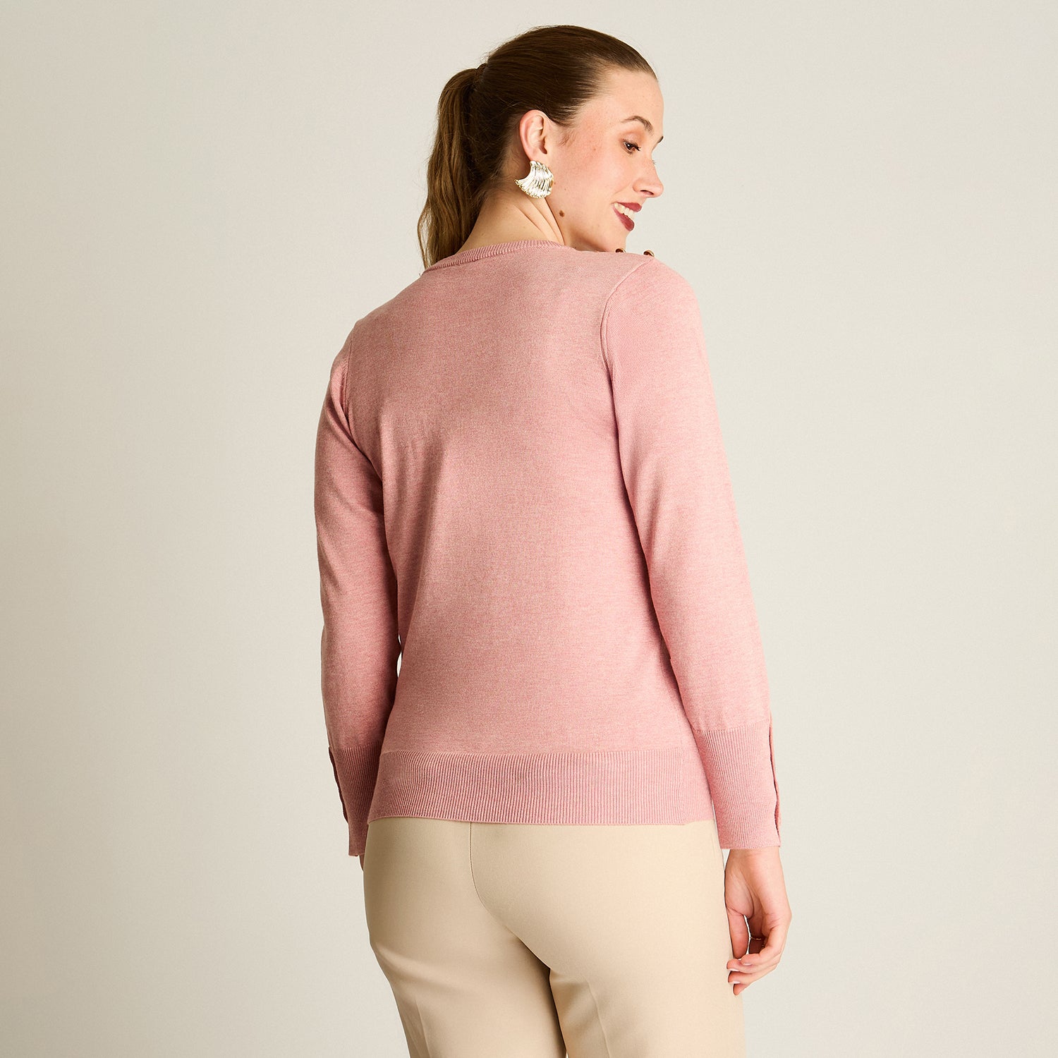 Sweater Rosado Manga Larga Elasticidad Media Sin Forro Calce Normal Tela Tejido