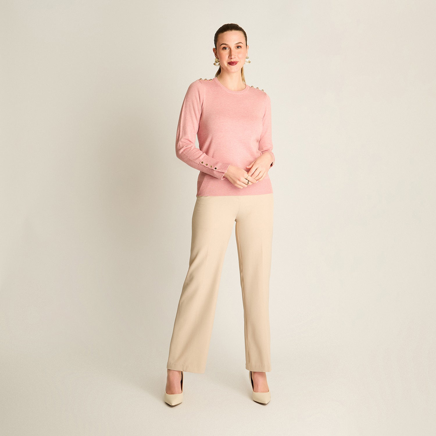 Sweater Rosado Manga Larga Elasticidad Media Sin Forro Calce Normal Tela Tejido