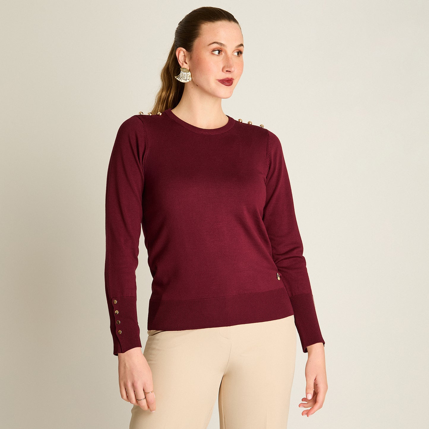 Sweater Burdeo Manga Larga Elasticidad Media Sin Forro Calce Normal Tela Tejido
