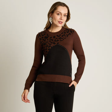 Sweater Cafe Manga Larga Elasticidad Media Sin Forro Calce Normal Tela Tejido