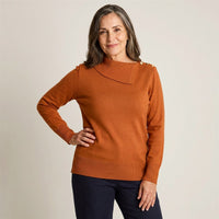 Sweater Terracota con Cuello Asimétrico y Botones Dorados en Tejido en modelo adulta