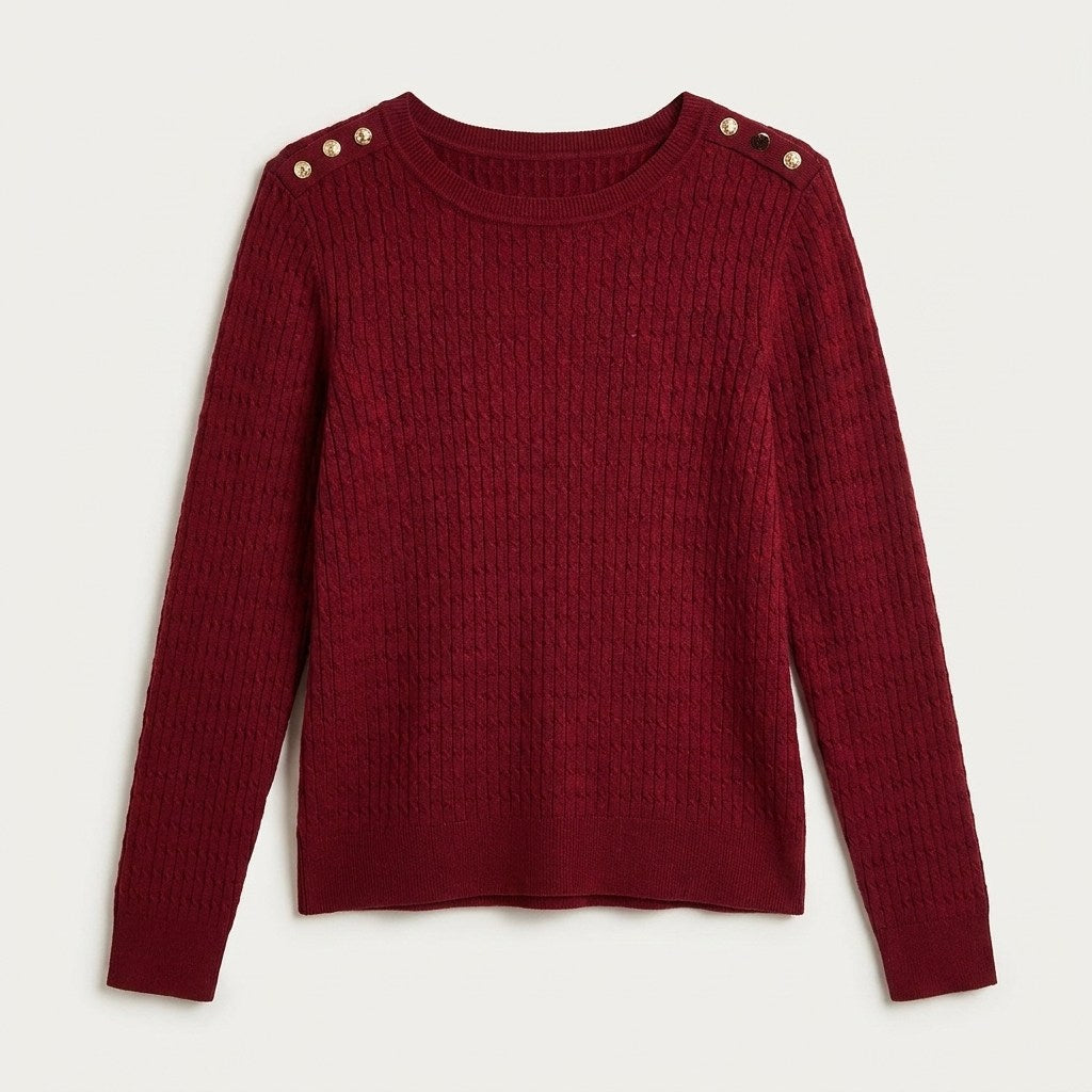 Sweater Rojo con Trenzado en Relieve y Botones Dorados en Hombro en plano