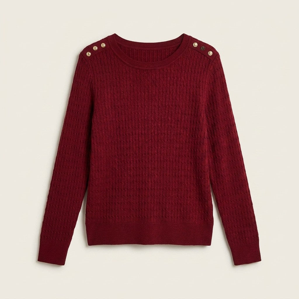 Sweater Rojo con Trenzado en Relieve y Botones Dorados en Hombro en plano