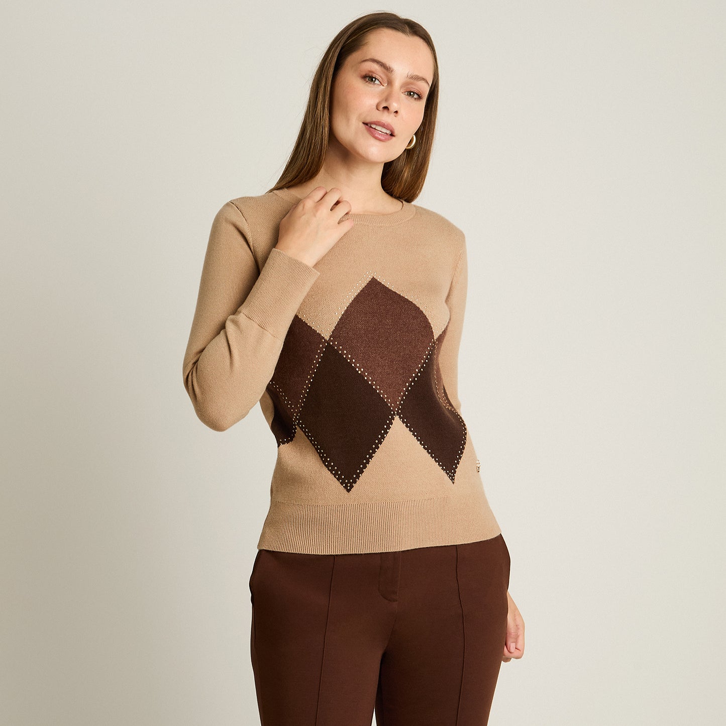 Sweater Camel Manga Larga Elasticidad Media Sin Forro Calce Normal Tela Tejido