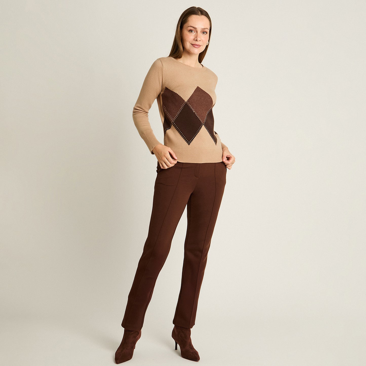 Sweater Camel Manga Larga Elasticidad Media Sin Forro Calce Normal Tela Tejido