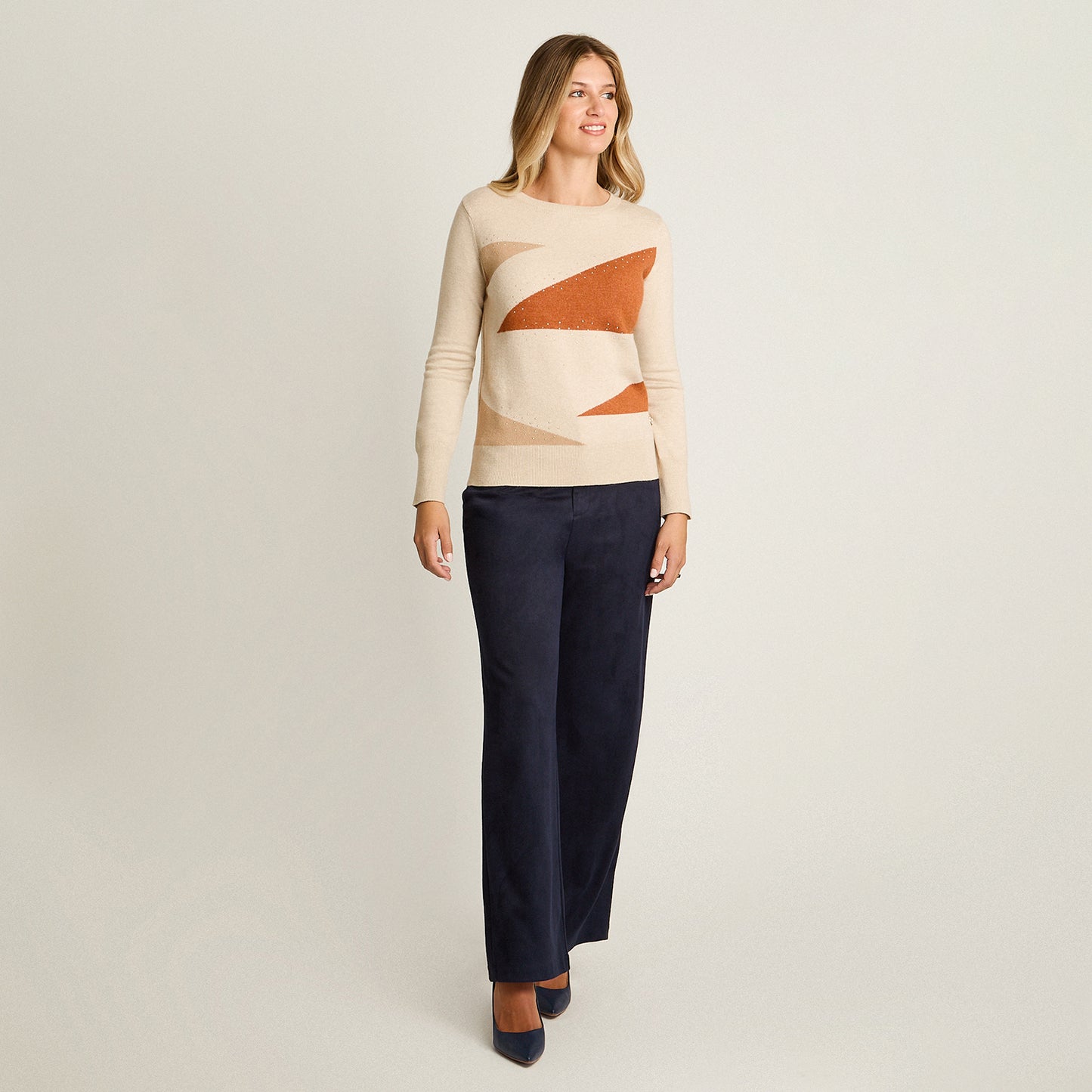 Sweater Beige Manga Larga Elasticidad Media Sin Forro Calce Normal Tela Tejido