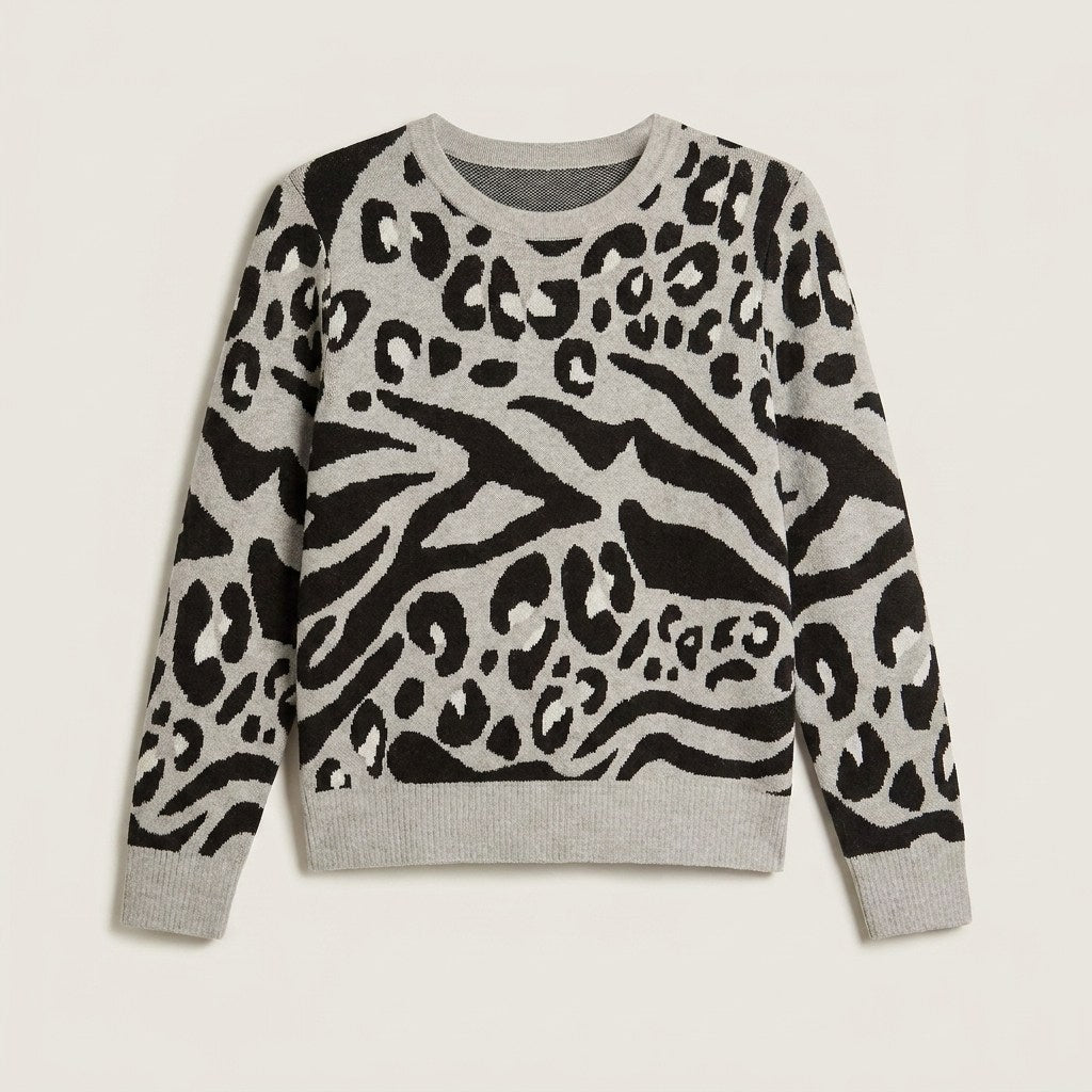Sweater Gris con Estampado Animal Print Jacquard en Tejido en plano