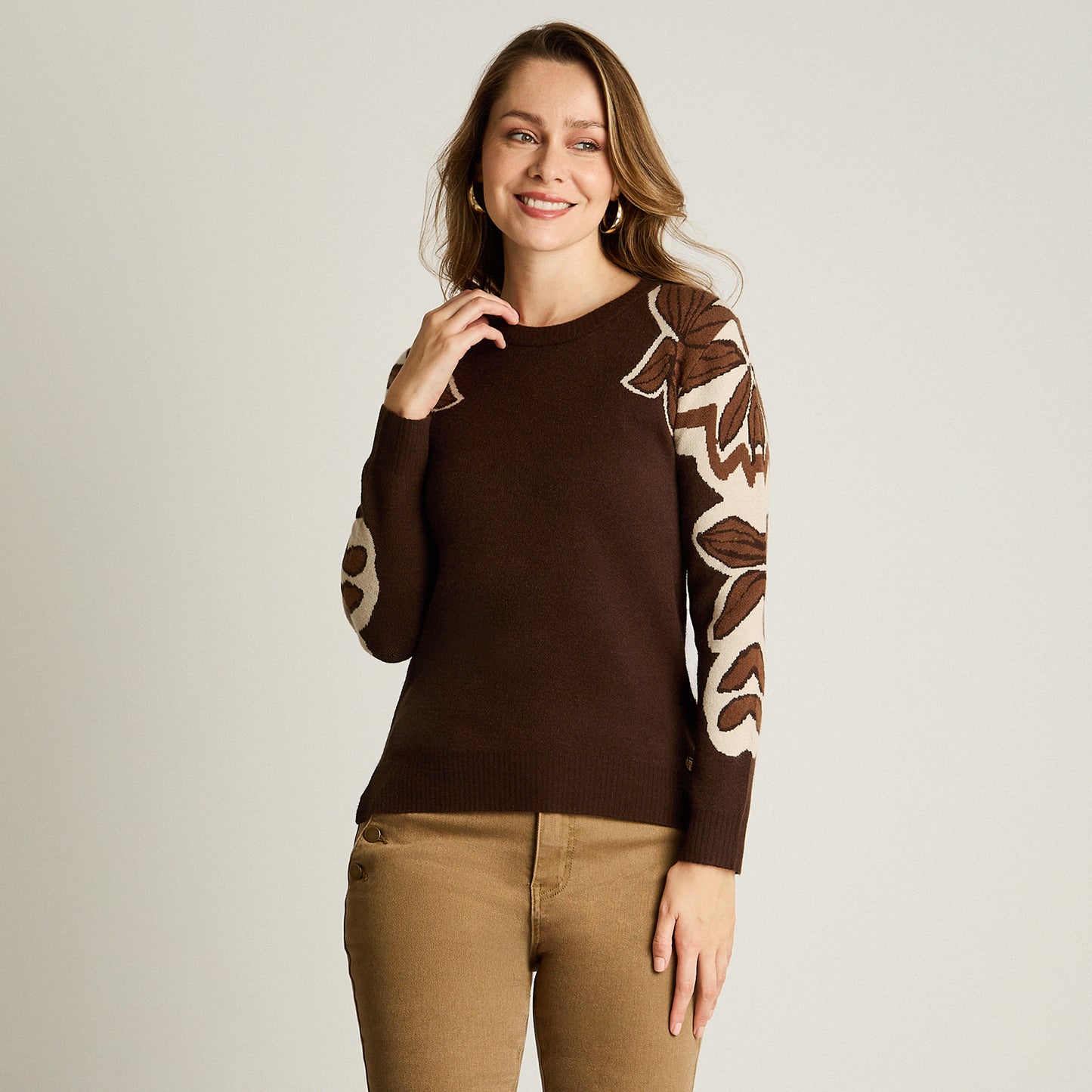 Sweater Cafe Manga Larga Elasticidad Media Sin Forro Calce Normal Tela Tejido