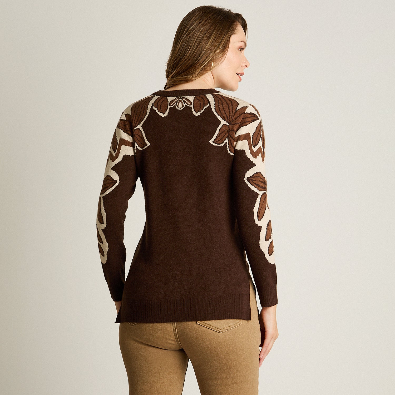 Sweater Cafe Manga Larga Elasticidad Media Sin Forro Calce Normal Tela Tejido
