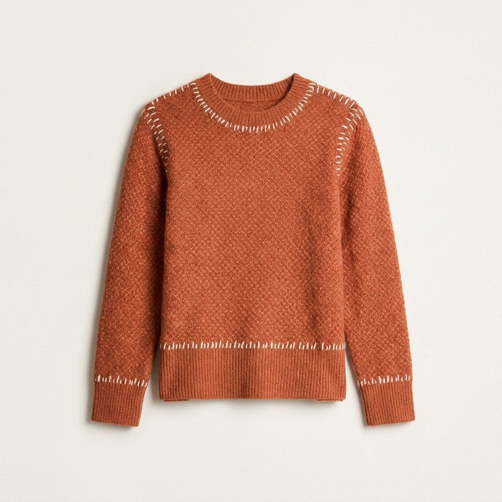 Sweater Terracota con Textura y Detalle de Pespunte en Tejido en plano