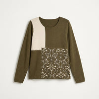 Sweater Verde con Bloques de Color y Estampado Barroco en Tejido en plano