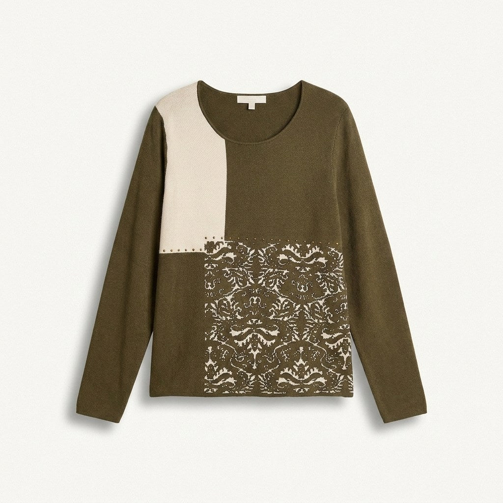 Sweater Verde con Bloques de Color y Estampado Barroco en Tejido en plano