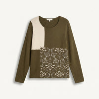 Sweater Verde con Bloques de Color y Estampado Barroco en Tejido en plano