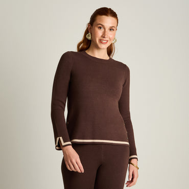 Sweater Cafe Manga Larga Elasticidad Media Sin Forro Calce Normal Tela Tejido