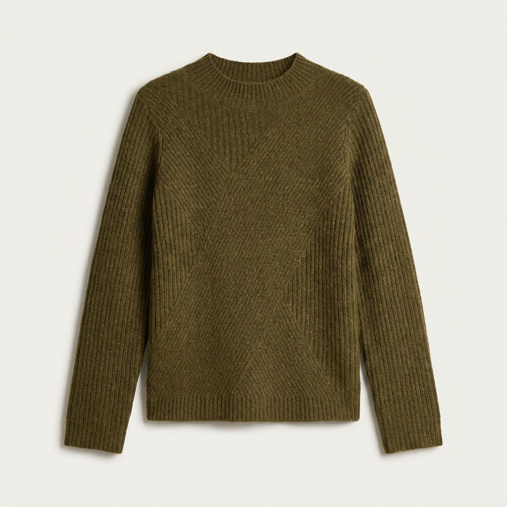 Sweater verde oliva con cuello redondo y tejido en relieve en plano