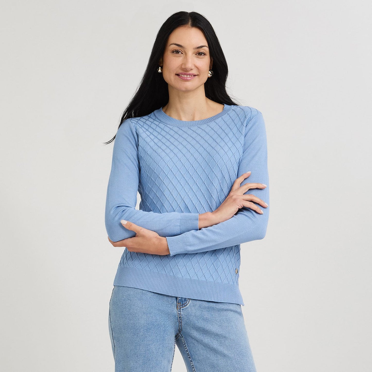 Sweater Escote Redondo con Diseño en Delantero Celeste
