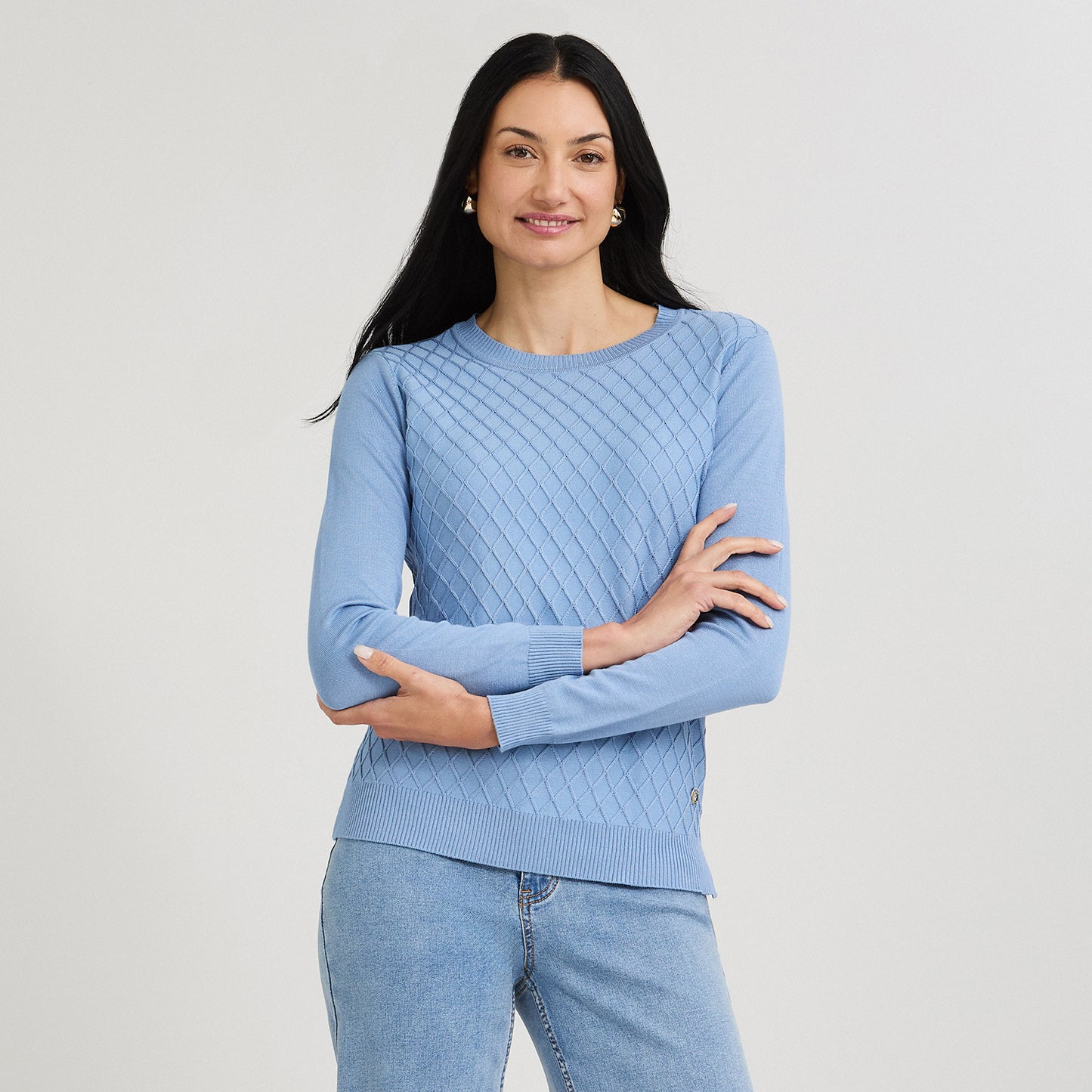 Sweater Escote Redondo con Diseño en Delantero Celeste