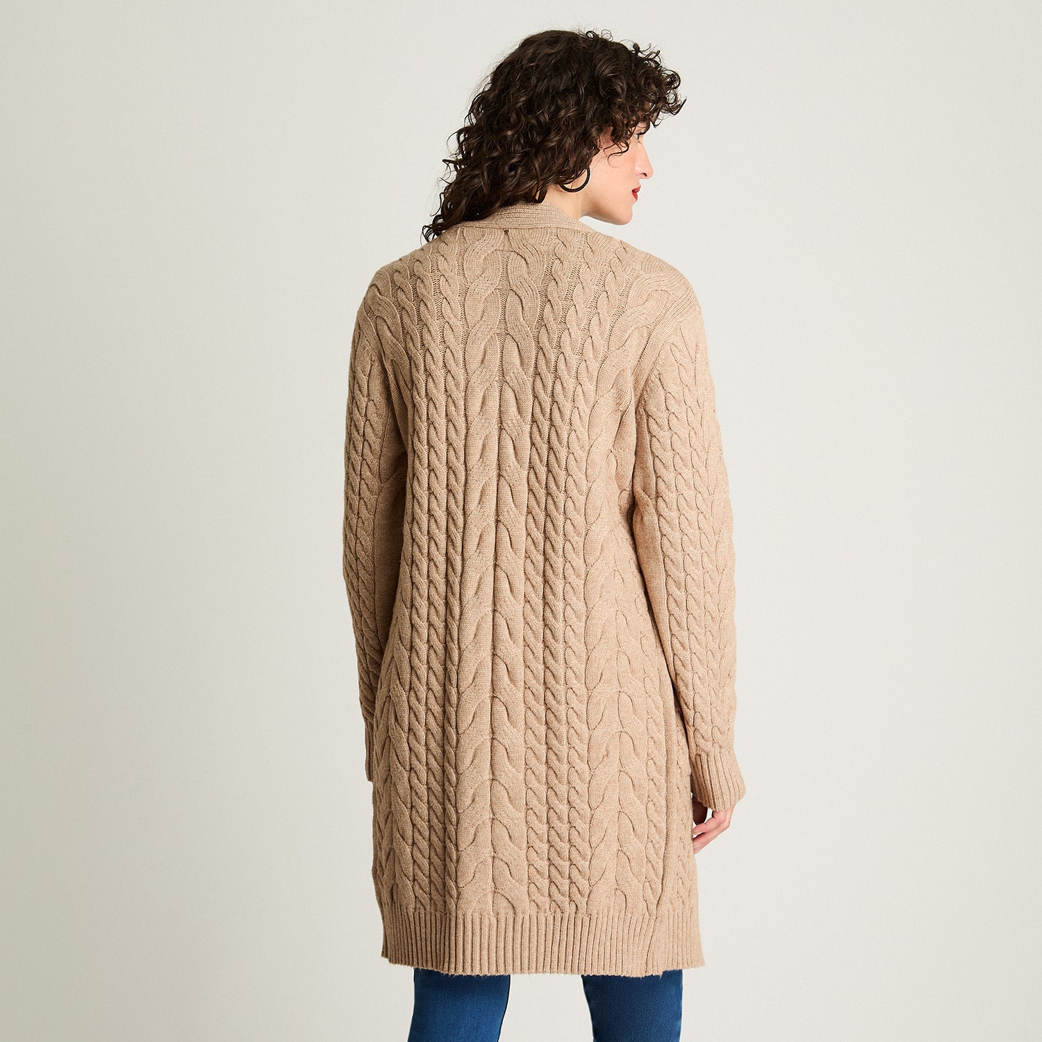 Tapado Manga Larga Con Bolsillos Trenzado Camel Curvi