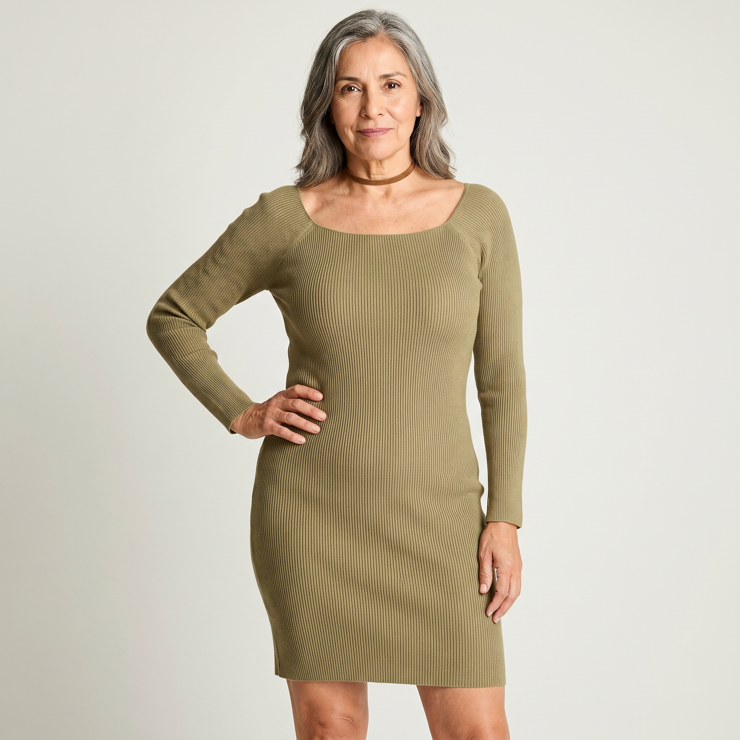 Vestido Tejido Rib Verde en modelo adulta