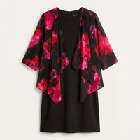 Vestido Corto Negro con Capa Estampada Fiesta Floral en plano