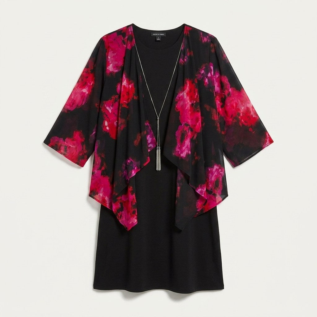 Vestido Corto Negro con Capa Estampada Fiesta Floral en plano