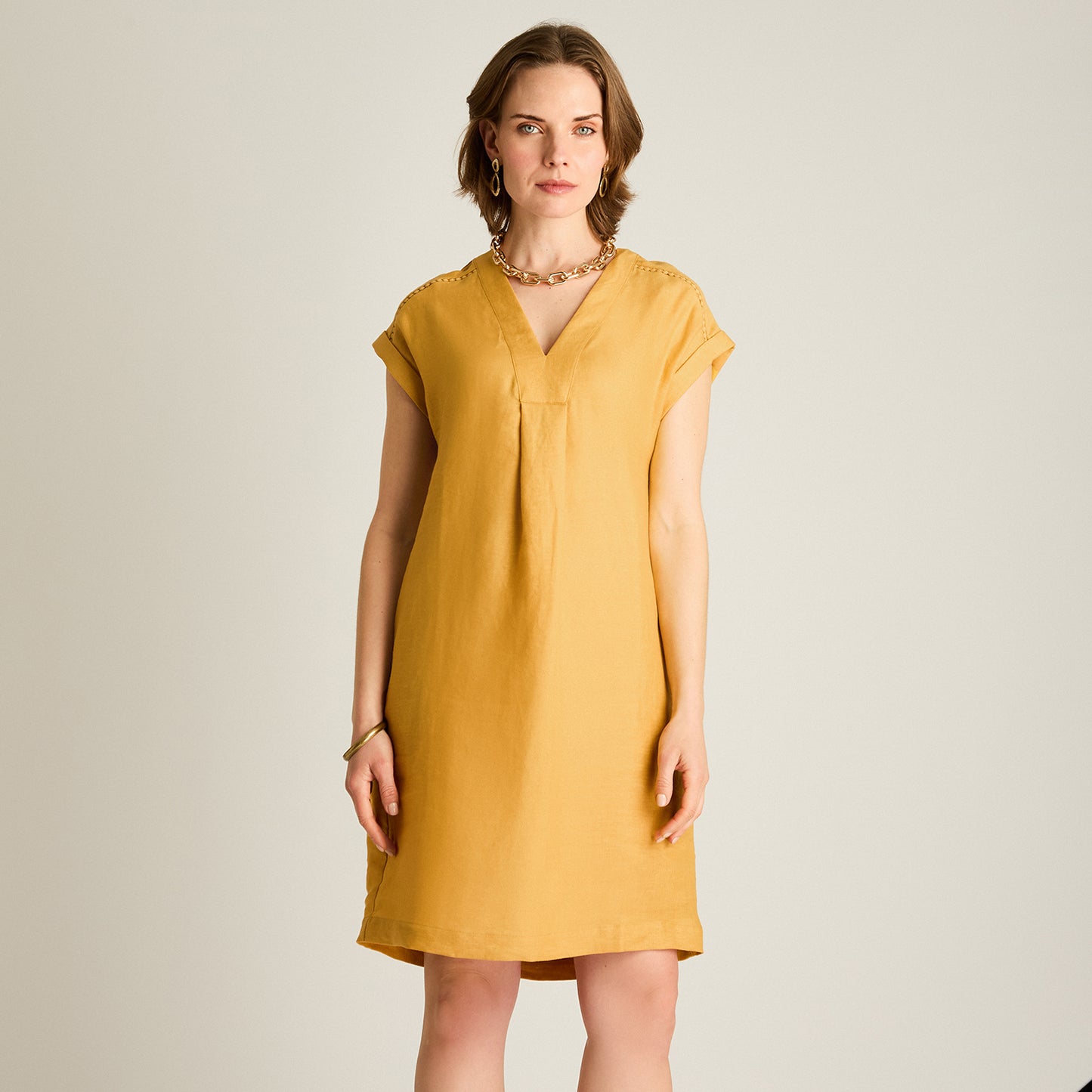 Vestido Corto Mostaza 100% Lino