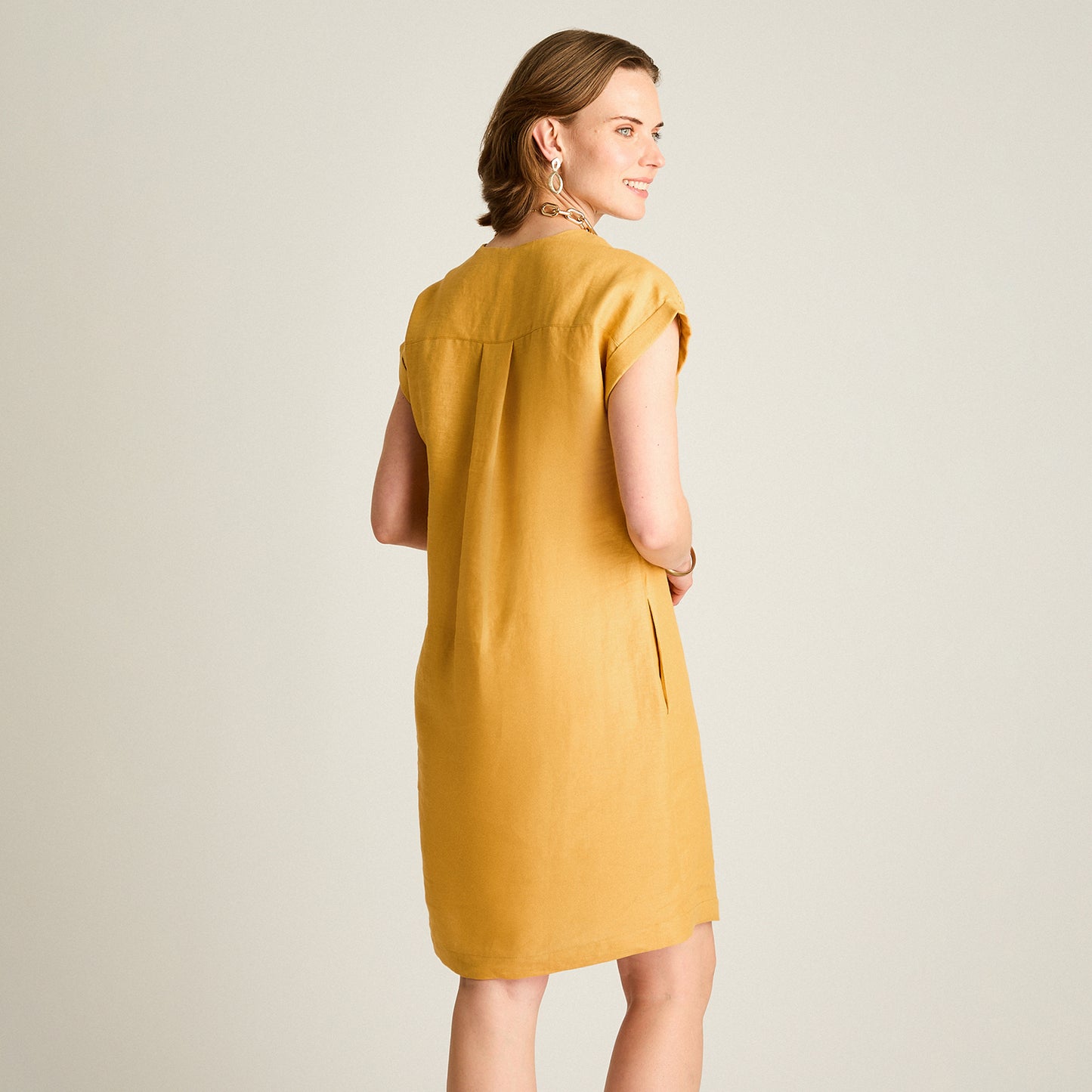 Vestido Corto Mostaza 100% Lino