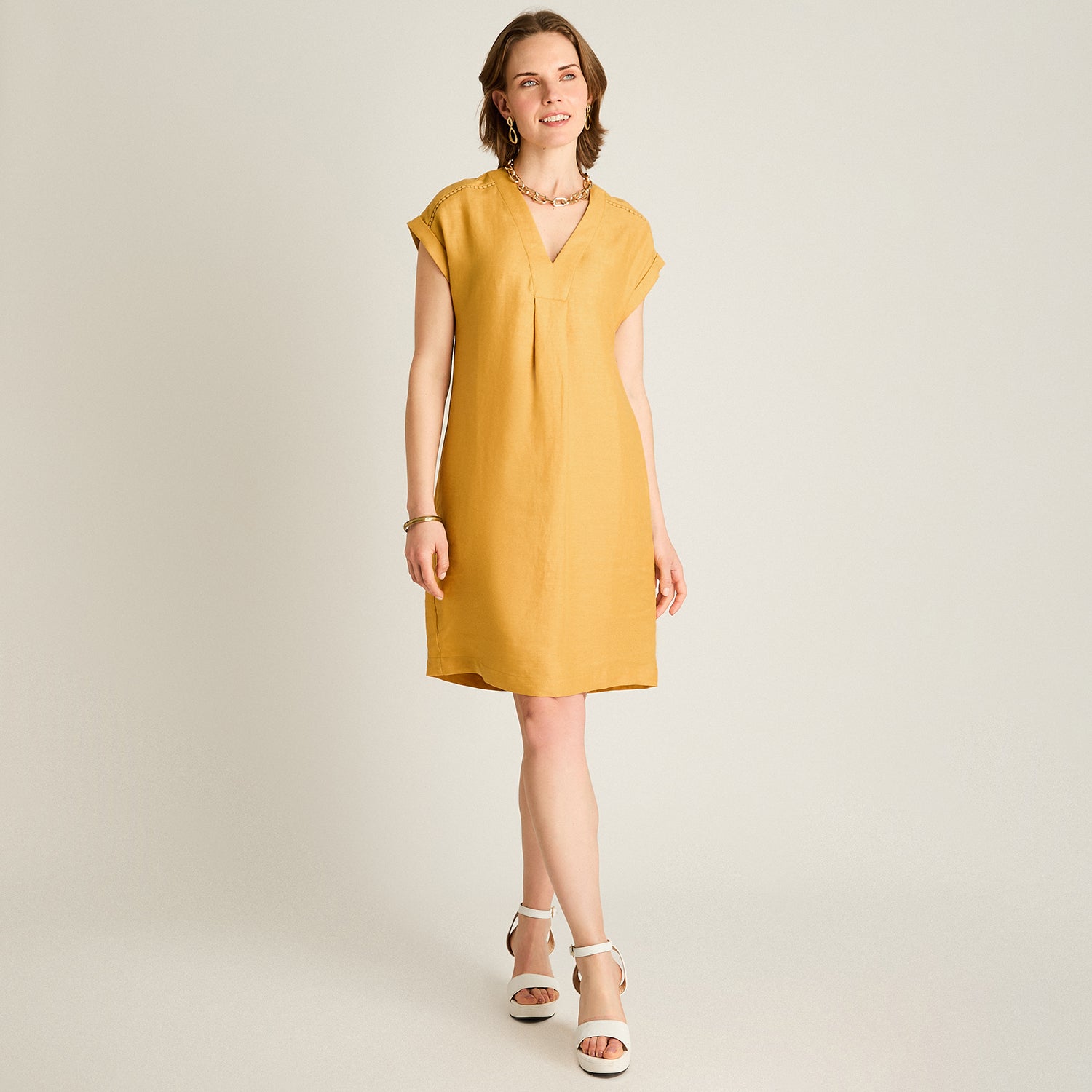 Vestido Corto Mostaza 100% Lino