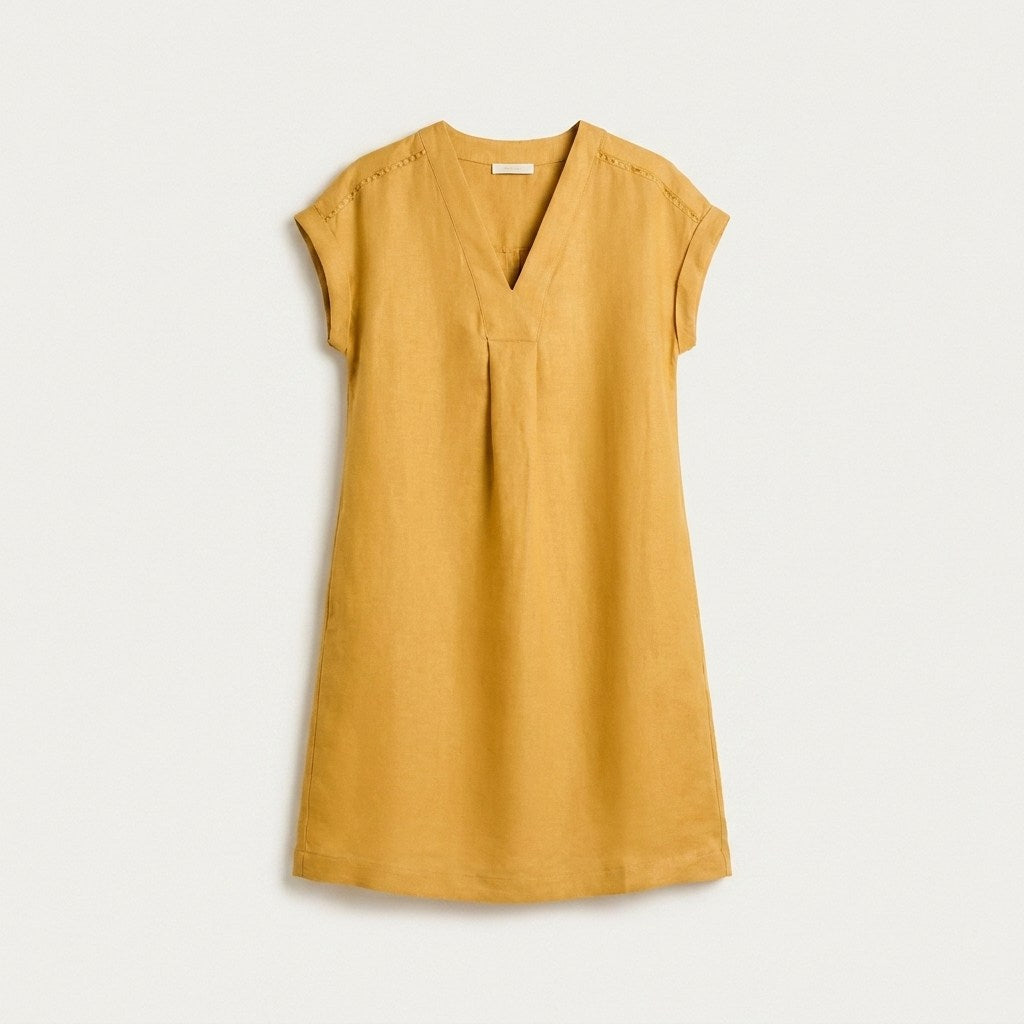 Vestido Corto Mostaza 100% Lino en plano