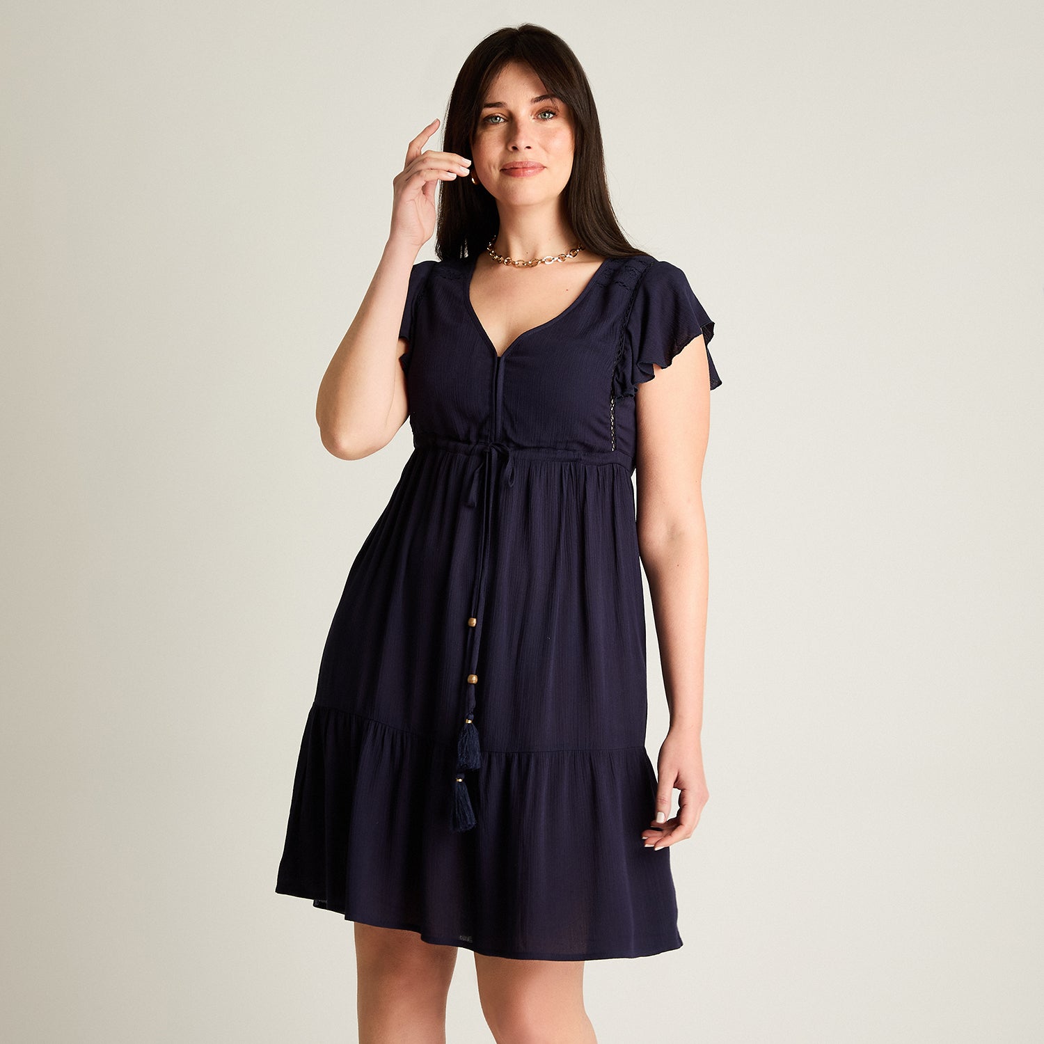 Vestido Corto Azul No Elasticado Con Forro Calce Normal