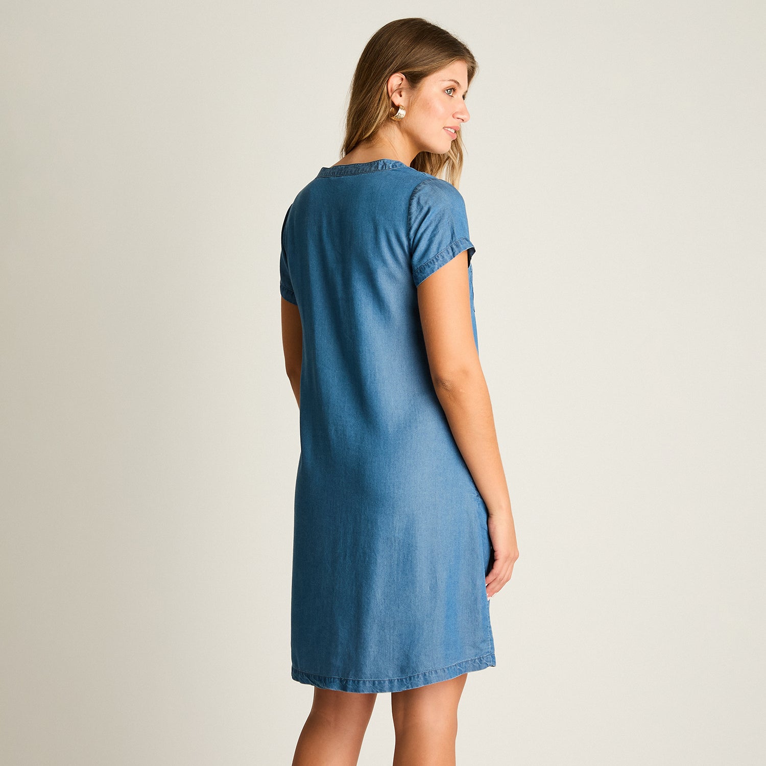 Vestido Corto Azul No Elasticado Sin Forro Calce Holgado