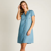 Vestido Corto Celeste No Elasticado Sin Forro Calce Holgado
