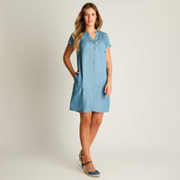 Vestido Corto Celeste No Elasticado Sin Forro Calce Holgado