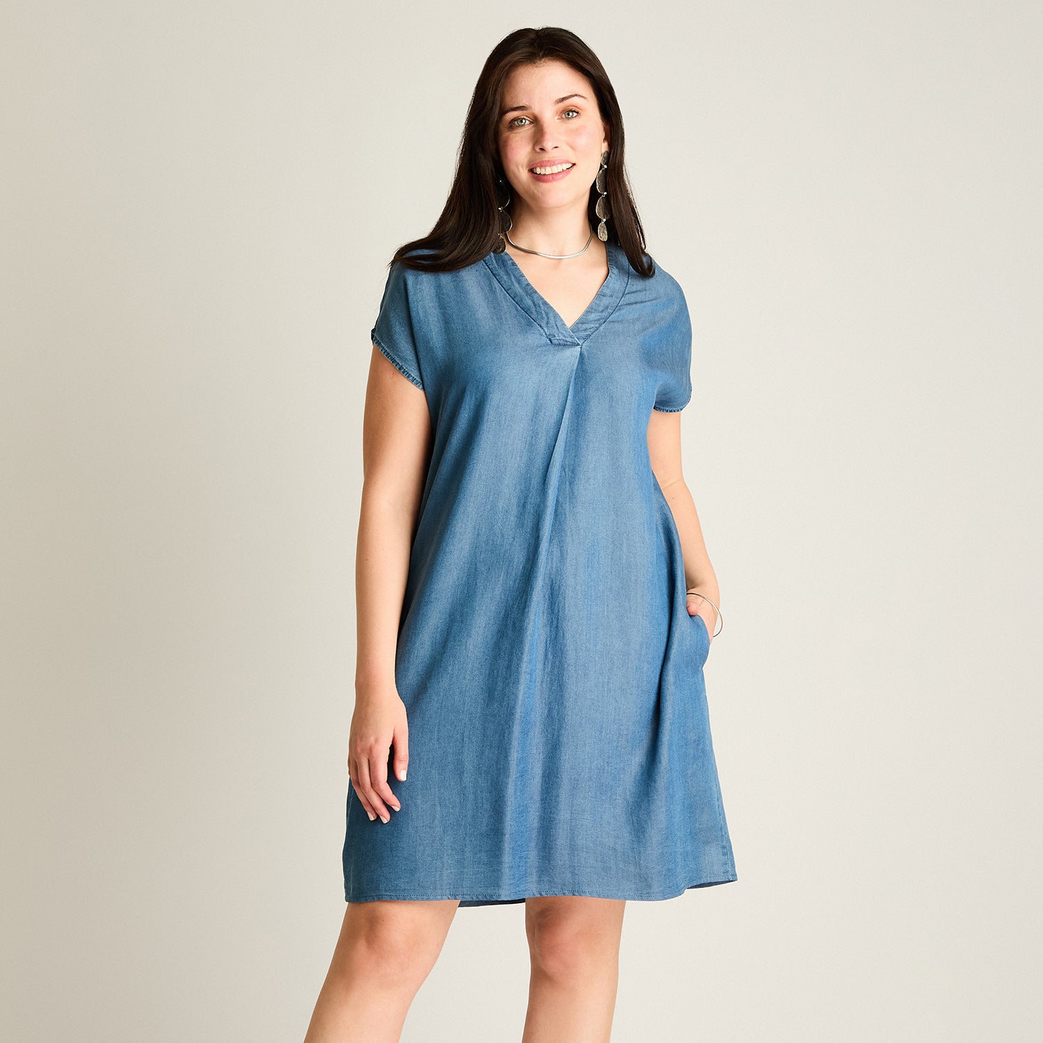Vestido Corto Azul No Elasticado Sin Forro Calce Holgado