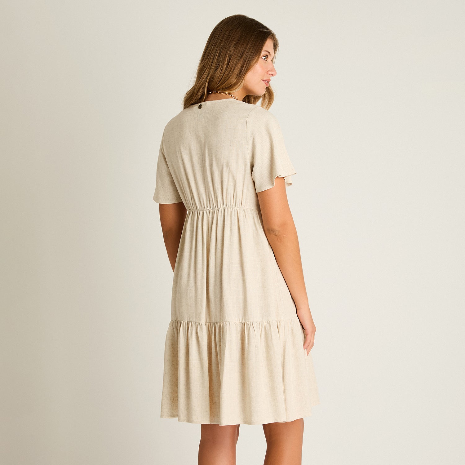 Vestido Corto Beige No Elasticado Sin Forro Calce Holgado