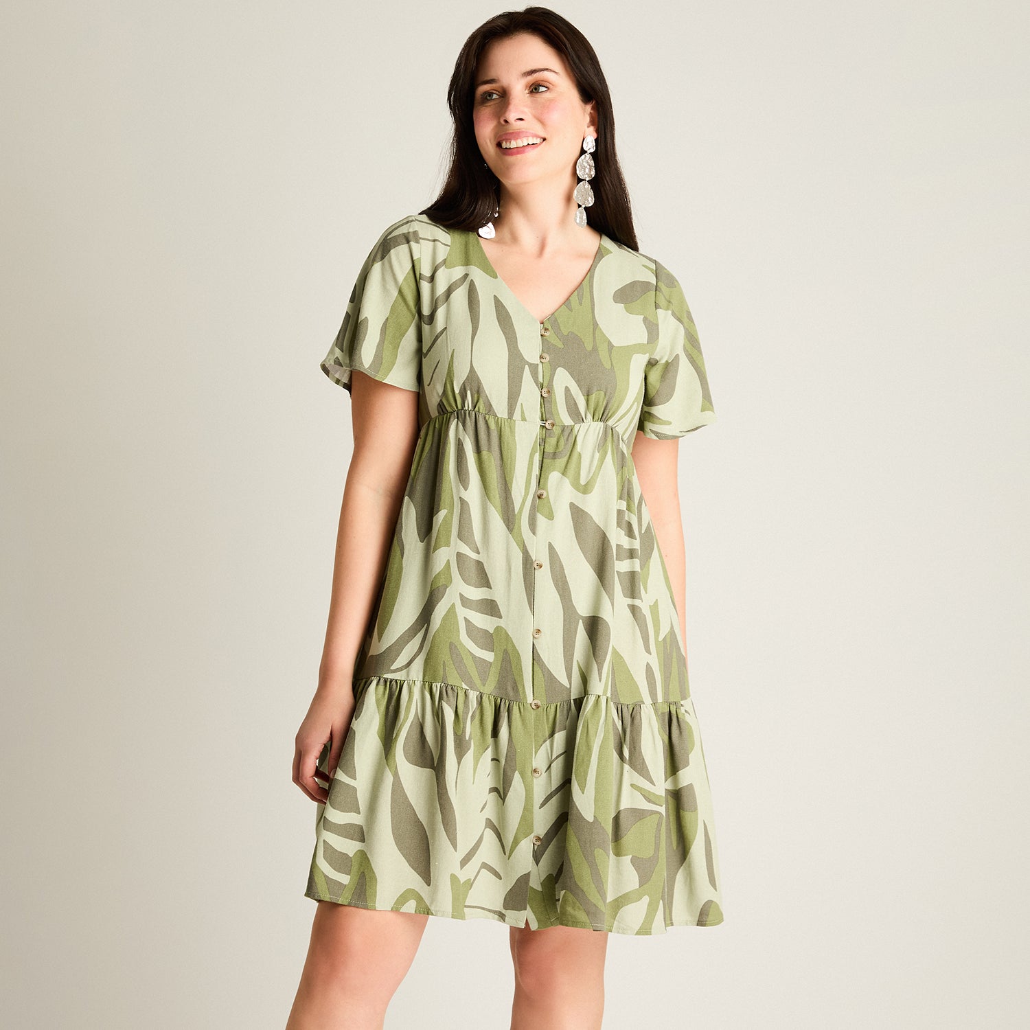 Vestido Corto Verde No Elasticado Sin Forro Calce Holgado