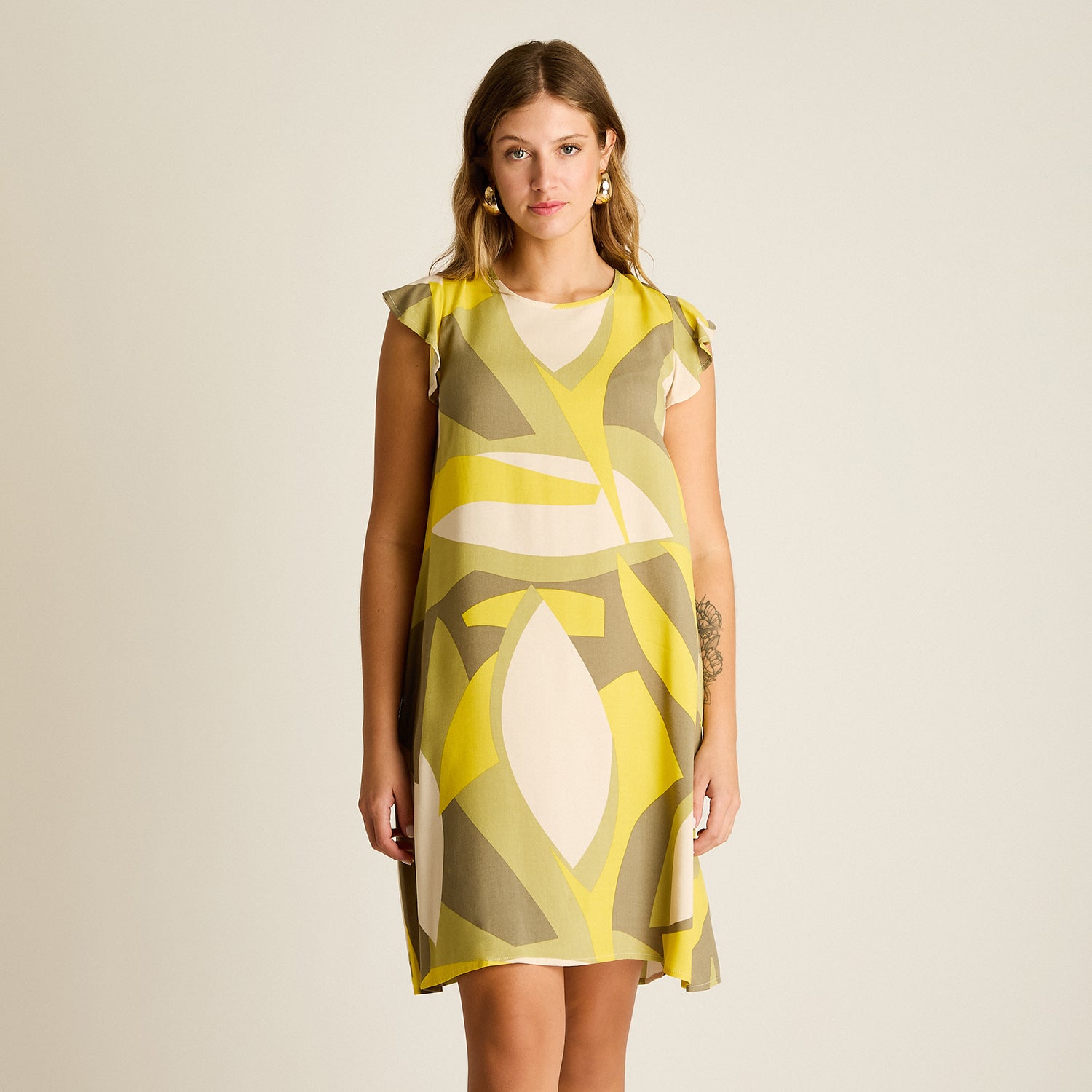 Vestido Corto Verde No Elasticado Sin Forro Calce Holgado