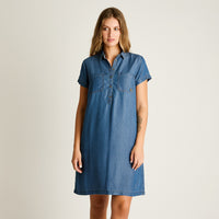 Vestido Corto Azul No Elasticado Sin Forro Calce Holgado