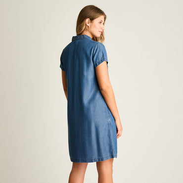 Vestido Corto Azul No Elasticado Sin Forro Calce Holgado