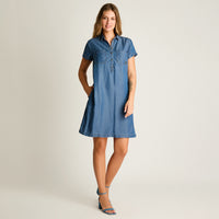 Vestido Corto Azul No Elasticado Sin Forro Calce Holgado